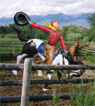 Cowboy breaking in a wild horse